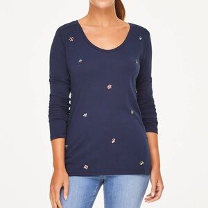 Ann Taylor Loft Womens Top Navy Blue Sequin Long Sleeve Cotton Tee Medium Small